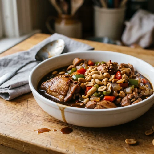 Crockpot kung pao chicken with peanuts and bell peppers in a white bowl on a wooden table