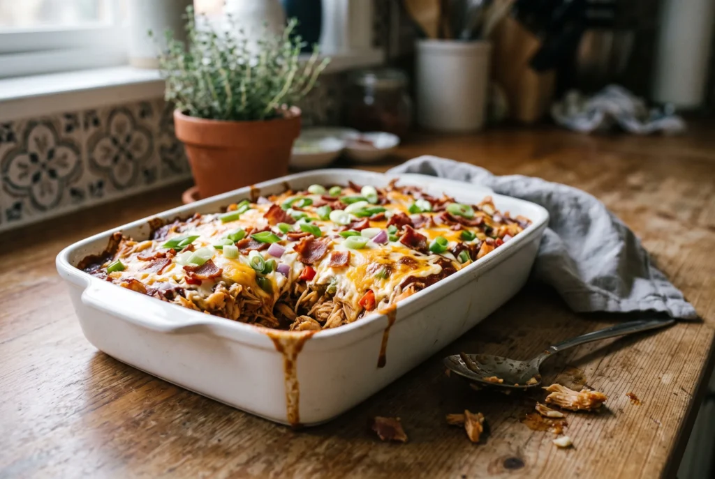 BBQ chicken casserole with melted cheese and green onions in a white baking dish