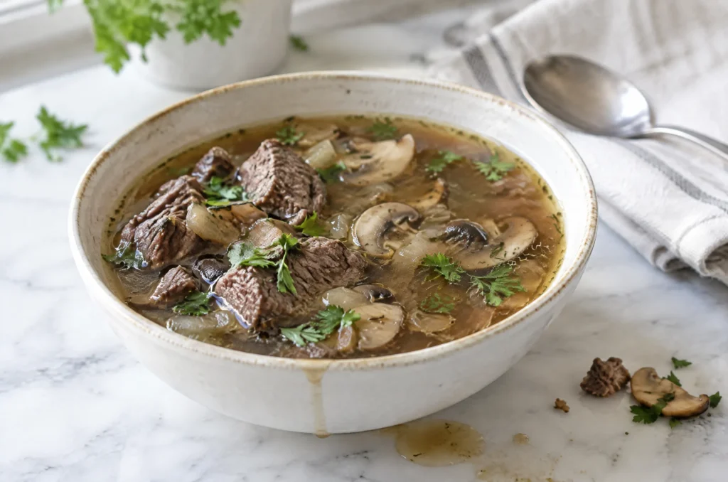 Bowl of beef and mushroom soup with chunks of beef, sliced mushrooms and parsley