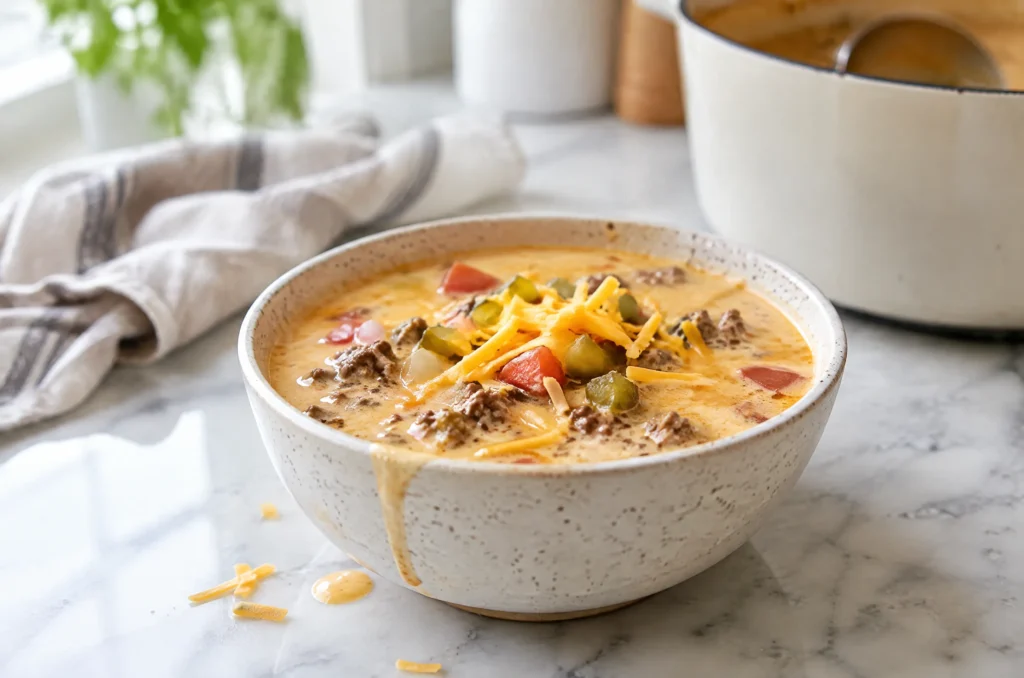Bowl of creamy keto cheeseburger soup with ground beef, tomato, pickles and shredded cheddar on a marble counter