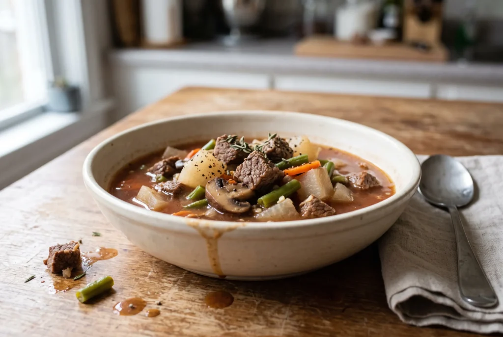 A bowl of keto beef stew with beef chunks, daikon, mushrooms, green beans and carrot in a rich broth.