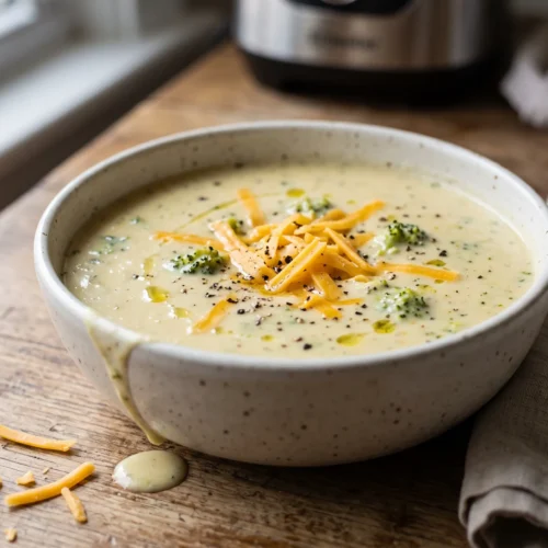 Bowl of creamy broccoli cheddar soup topped with shredded cheddar and cracked pepper on a wooden table