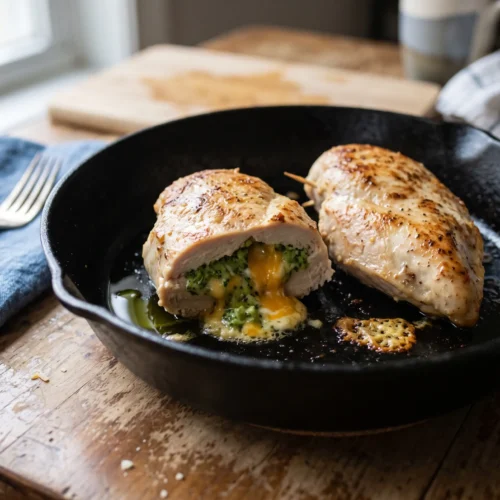 Seared chicken breasts in a cast-iron skillet, one cut open to show a melted broccoli and cheddar filling