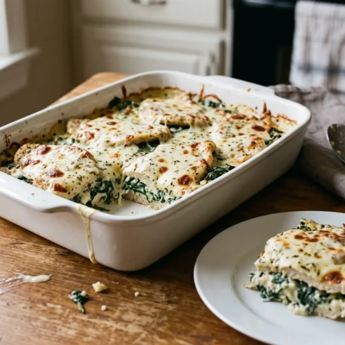 Baked chicken and spinach casserole with melted mozzarella in a white dish, one portion served on a plate