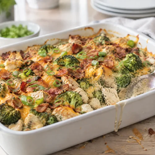 Baked chicken, broccoli and turkey bacon ranch casserole in a white baking dish with melted cheddar, green onions and a serving spoon