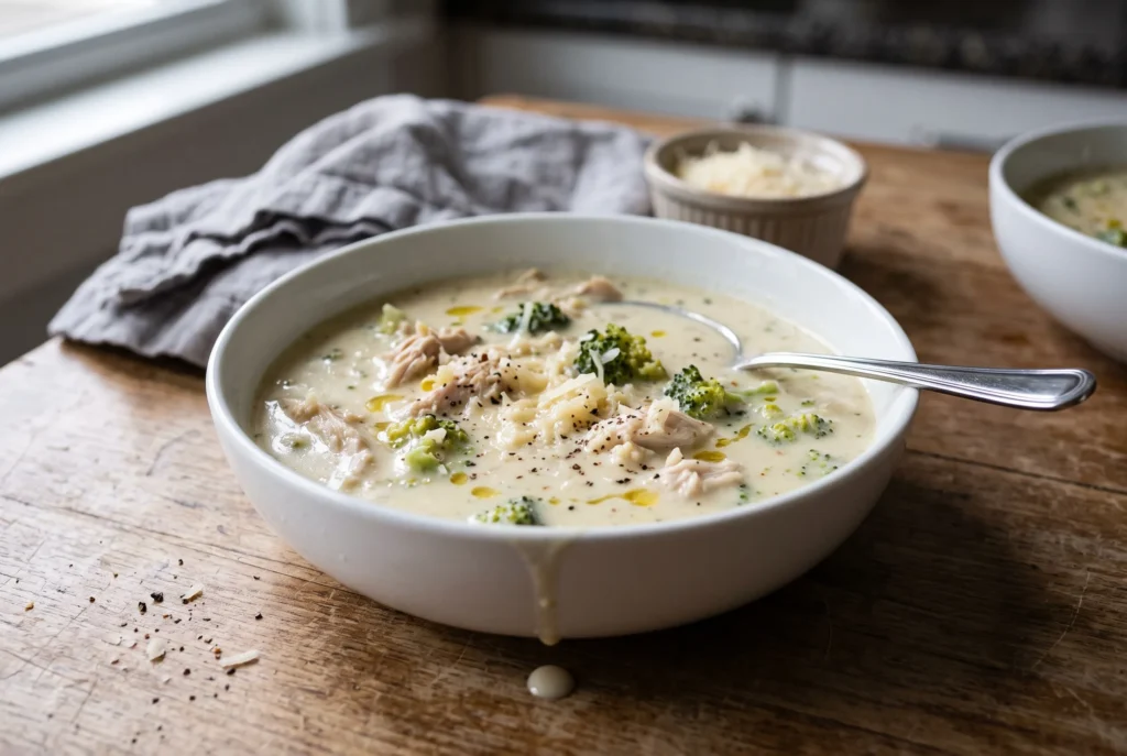 Creamy chicken broccoli alfredo soup in a white bowl