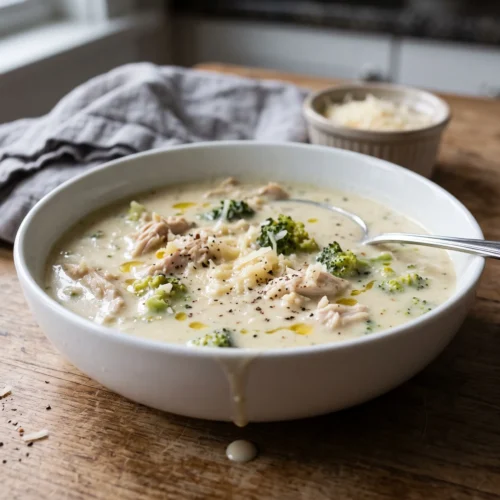 Creamy chicken broccoli alfredo soup in a white bowl