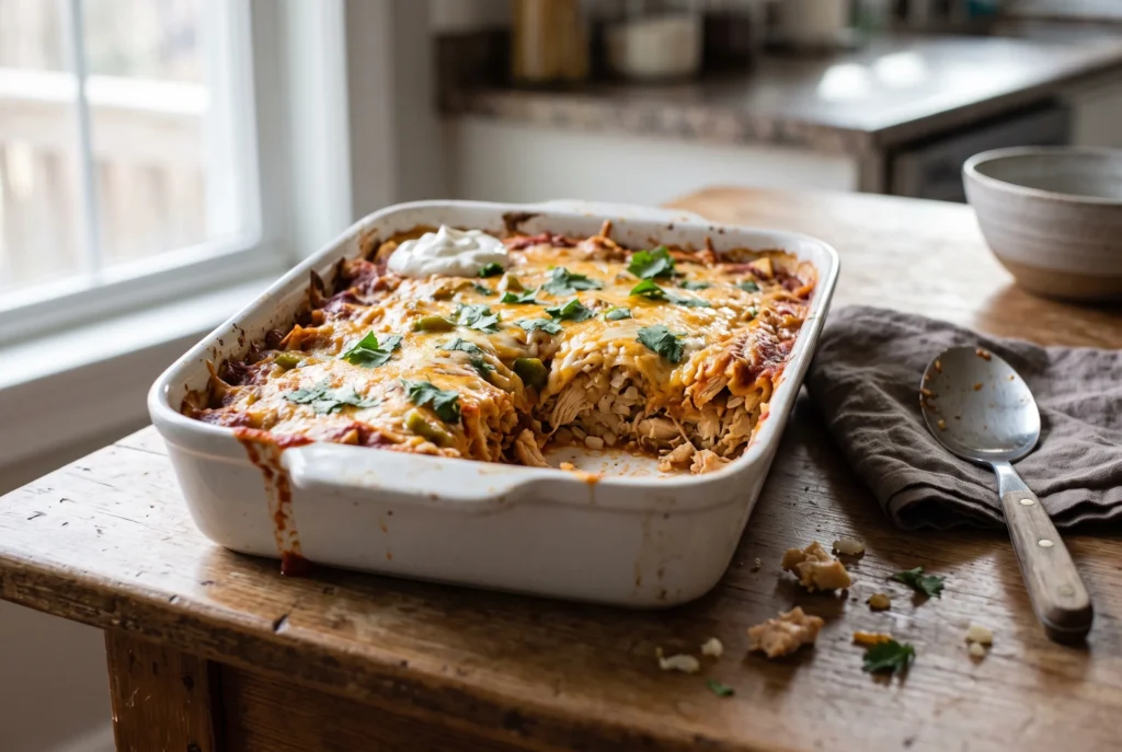 A white baking dish of chicken enchilada casserole with melted cheese, cilantro and sour cream, one portion scooped out on a wooden kitchen table