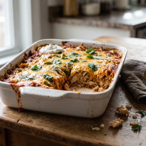 A white baking dish of chicken enchilada casserole with melted cheese, cilantro and sour cream, one portion scooped out on a wooden kitchen table