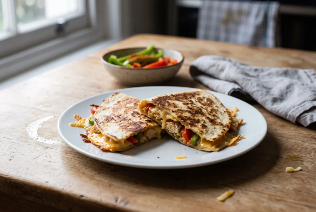 Cut chicken quesadilla with melted cheese and bell peppers on a white plate