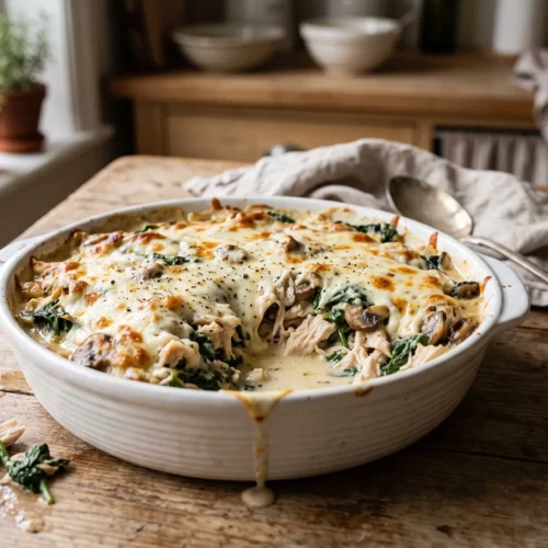 A white baking dish of creamy keto chicken, spinach and mushroom bake with browned melted mozzarella on a wooden table.