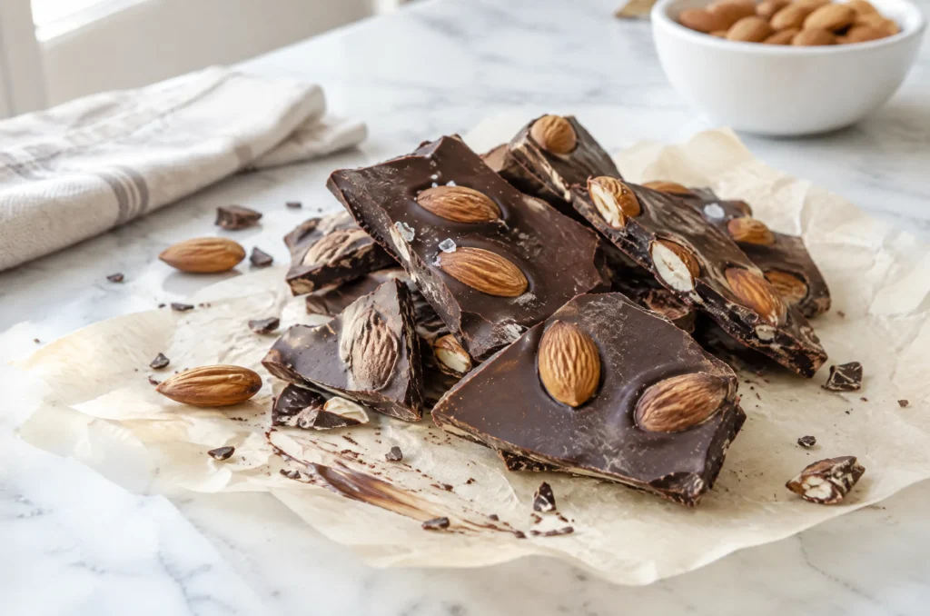 Pieces of dark chocolate almond bark with sea salt stacked on parchment paper