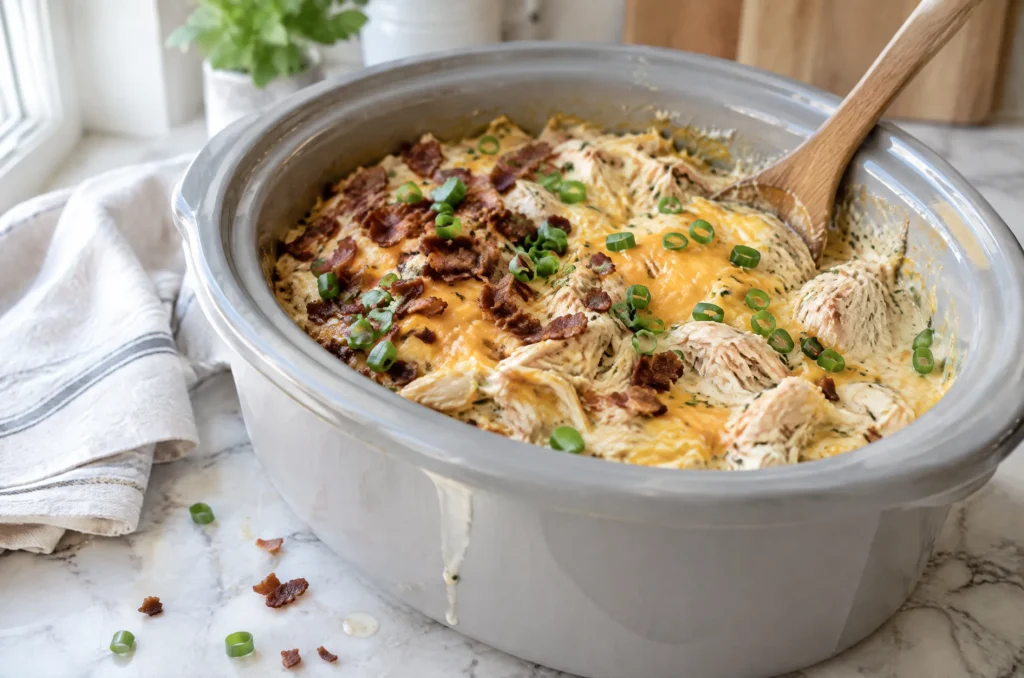 Creamy shredded crack chicken with melted cheddar, turkey bacon and green onions in a grey slow cooker