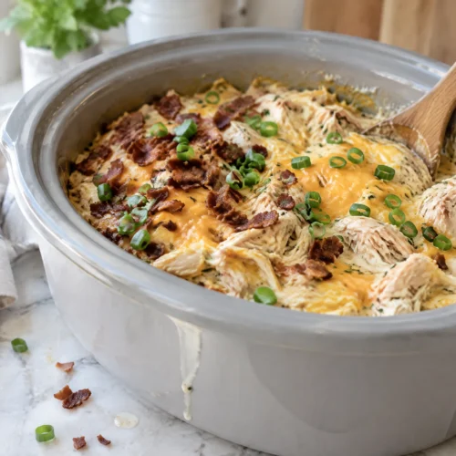 Creamy shredded crack chicken with melted cheddar, turkey bacon and green onions in a grey slow cooker