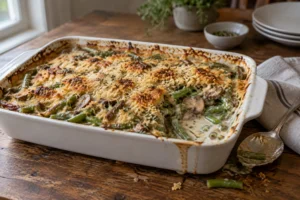 Keto green bean casserole with mushrooms and a golden parmesan topping in a baking dish
