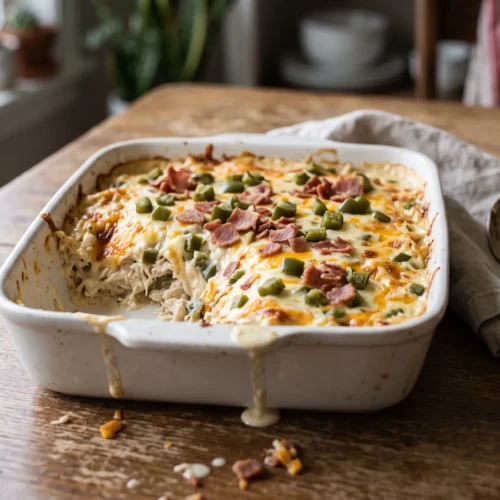 Keto jalapeno popper chicken casserole topped with cheddar and turkey bacon in a white baking dish