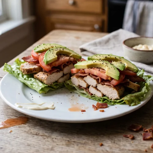 Lettuce-wrapped keto chicken club with turkey bacon, tomato and avocado on a white plate