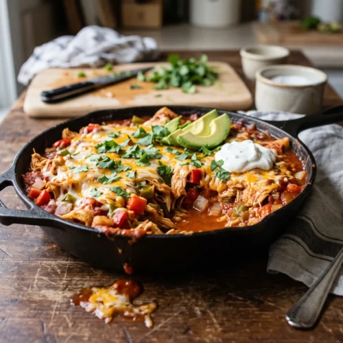 Cast iron skillet of chicken enchilada skillet with melted cheese, avocado, sour cream and cilantro