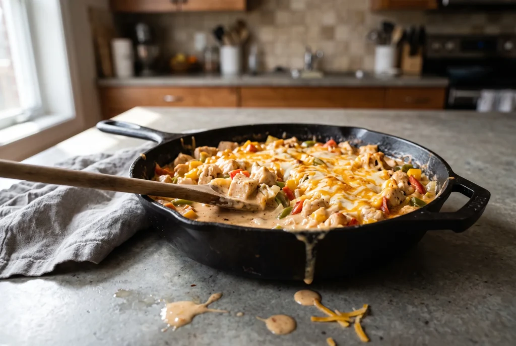 A cast-iron skillet of creamy Mexican chicken with bell peppers and melted cheddar, with a spoonful scooped out.