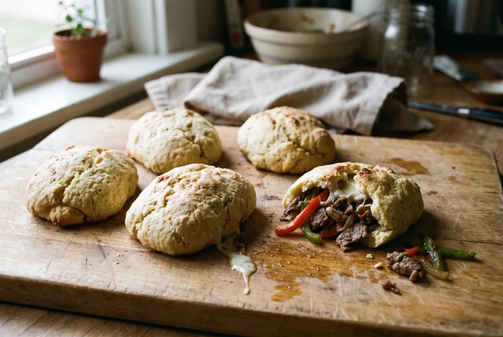 Baked keto cheesesteak rolls on a wooden board, one torn open to show sliced steak, peppers and melted cheese