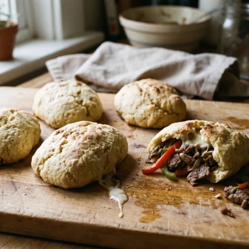 Baked keto cheesesteak rolls on a wooden board, one torn open to show sliced steak, peppers and melted cheese