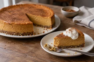 Slice of keto pumpkin cheesecake with an almond and pecan crust