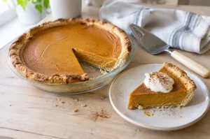 A whole keto pumpkin pie in a glass pie plate with one slice served on a speckled plate beside it, topped with whipped cream and cinnamon, on a pale wooden table.
