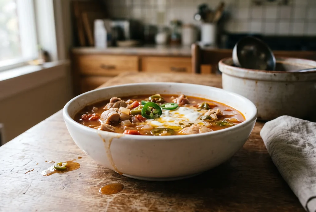 Chicken thigh and jalapeno soup with sour cream in a white bowl
