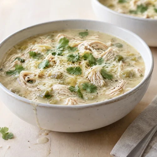 Bowl of keto white chicken chili with shredded chicken, green chiles, melted cheese and cilantro