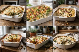A collage of six low carb casseroles in white baking dishes with melted cheese on a wooden table