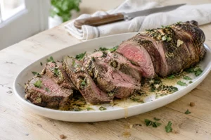 Sliced garlic herb butter beef tenderloin with a pink center fanned on a white oval platter, with chopped parsley and melted herb butter on a pale wooden table.