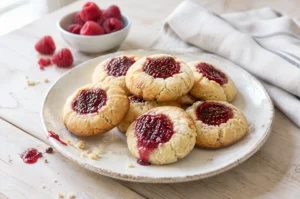 Low carb christmas cookies: a plate of almond flour thumbprint cookies, each filled with deep red raspberry chia jam, beside a small bowl of fresh raspberries and a linen napkin on a pale wooden table.