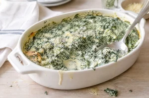 A white oval baking dish of creamy spinach with grated Parmesan and black pepper on a pale wooden table, a serving spoon resting in the dish and a linen napkin beside it.