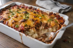 Low carb hamburger casserole in a baking dish with melted cheddar over ground beef and cauliflower