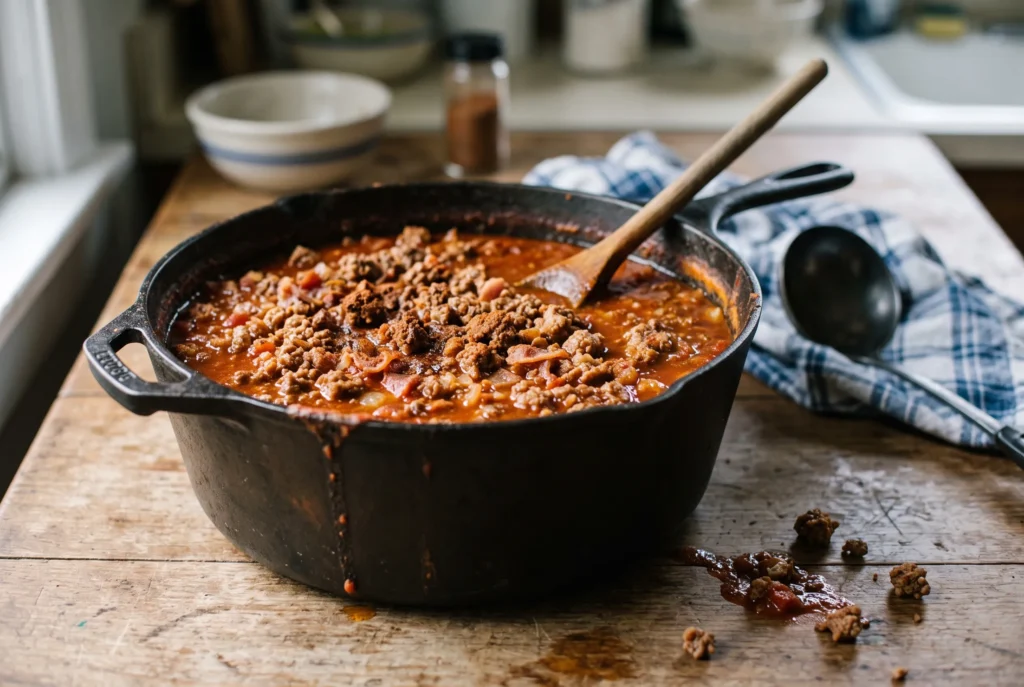 Cast-iron pot of beef and sausage chili with a wooden spoon on a worn wooden table