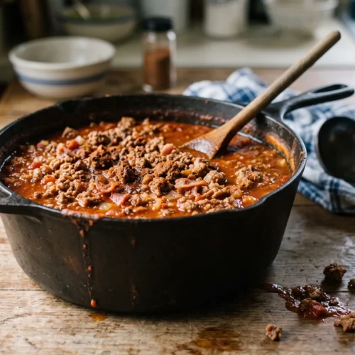 Cast-iron pot of beef and sausage chili with a wooden spoon on a worn wooden table