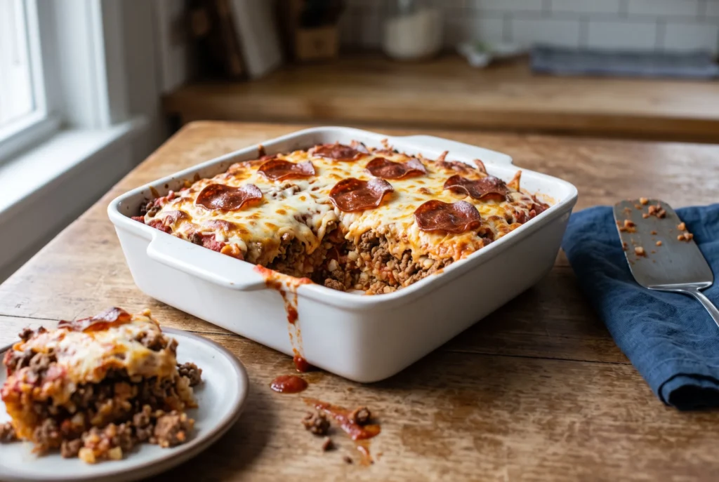 Baked low carb pizza casserole with melted mozzarella and beef pepperoni in a white baking dish, one portion served on a plate.