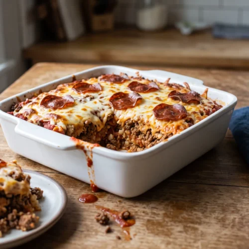 Baked low carb pizza casserole with melted mozzarella and beef pepperoni in a white baking dish, one portion served on a plate.