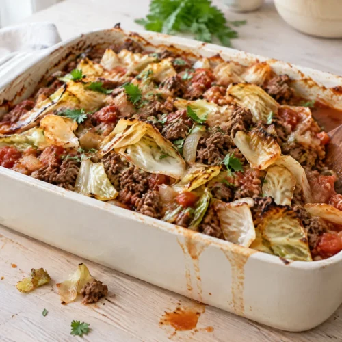 Low carb unstuffed cabbage casserole with ground beef and tomatoes in a white baking dish