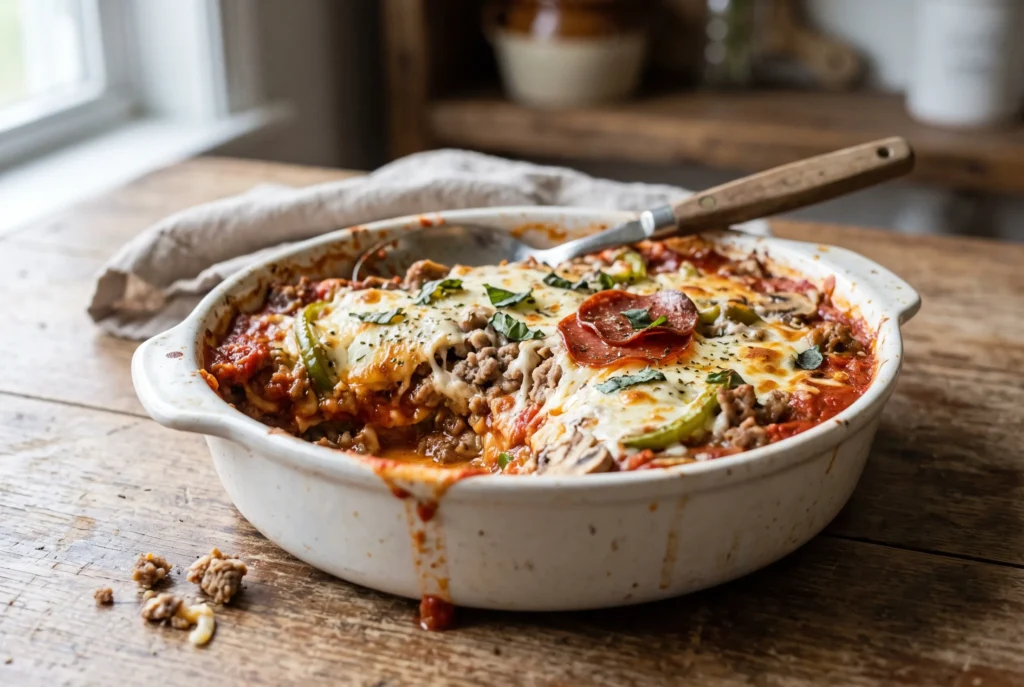 Baked low carb pizza casserole with melted mozzarella, ground beef, green peppers, mushrooms and beef pepperoni in a white baking dish