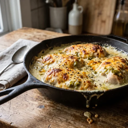 Baked chicken breasts in a creamy green chili sauce with browned cheddar in a cast-iron skillet