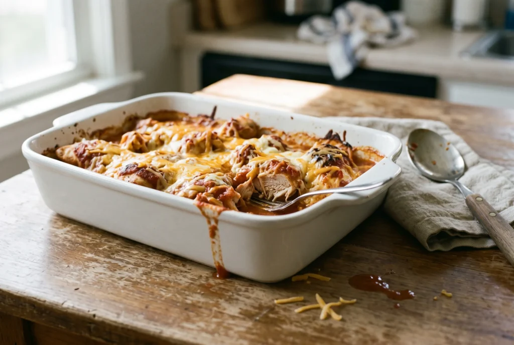 Baked salsa chicken with melted cheddar in a white baking dish