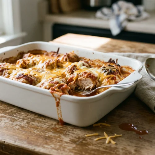 Baked salsa chicken with melted cheddar in a white baking dish