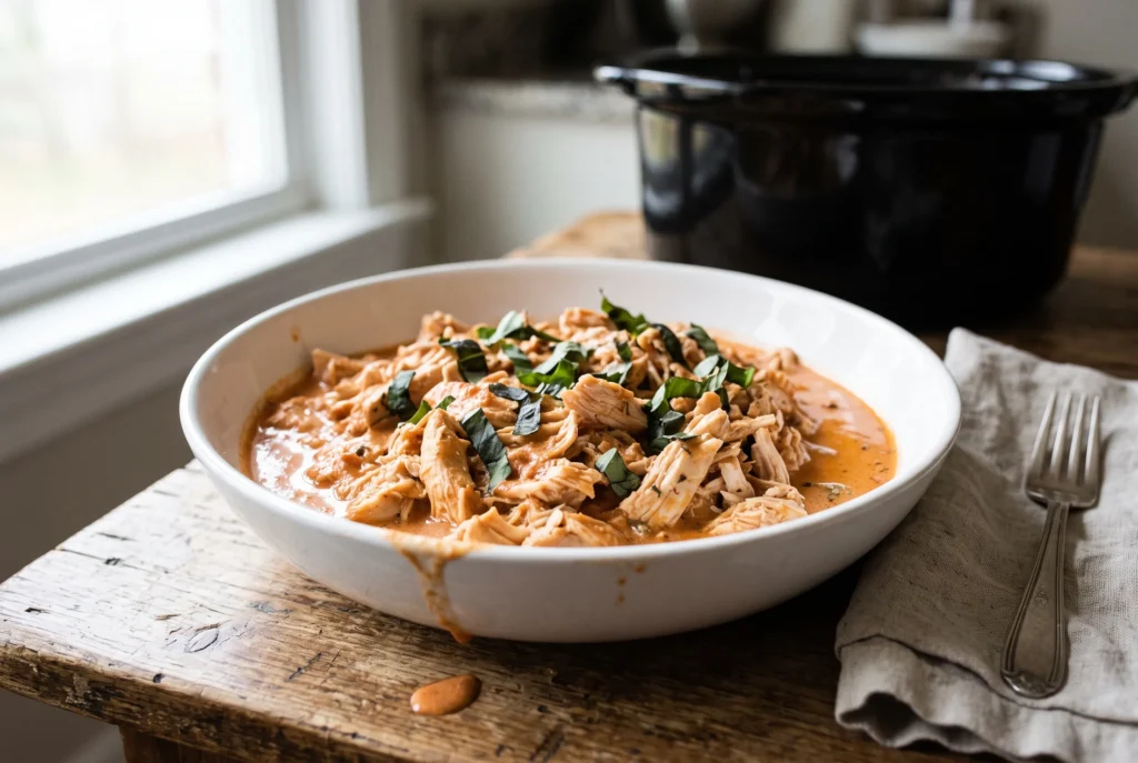 Bowl of shredded creamy tomato basil chicken topped with torn basil on a wooden table next to a slow cooker