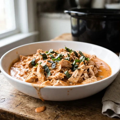 Bowl of shredded creamy tomato basil chicken topped with torn basil on a wooden table next to a slow cooker