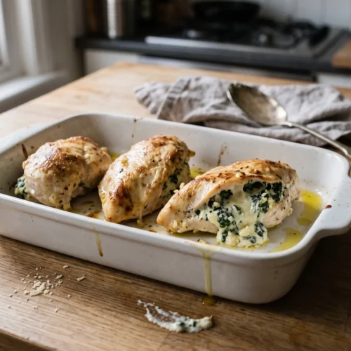 Baked spinach and cheese stuffed chicken breasts in a white baking dish, one cut open to show the filling