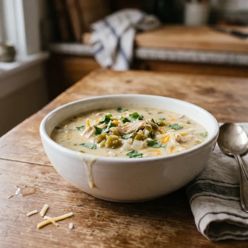 Bowl of creamy chicken soup with green chiles, melted cheese and cilantro
