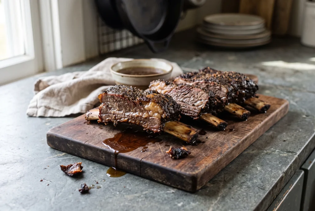 Smoked beef ribs with a dark pepper bark on a wooden cutting board with a bowl of broth