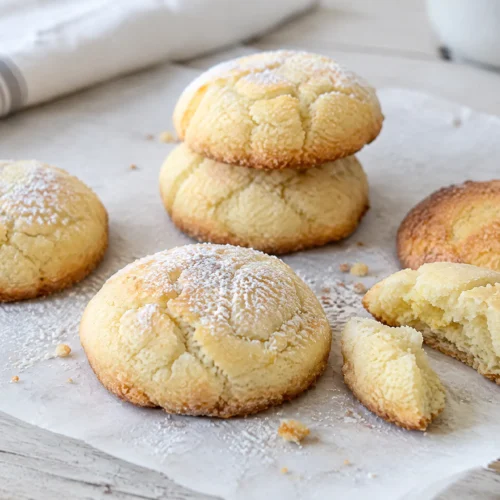 Keto cream cheese cookies stacked on parchment, one broken in half to show the soft center