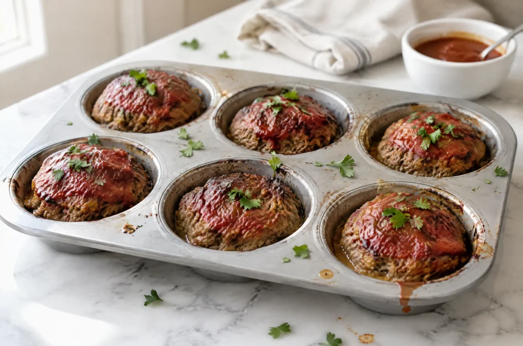 Six baked keto meatloaf minis with a tomato glaze in a muffin tin, topped with torn parsley